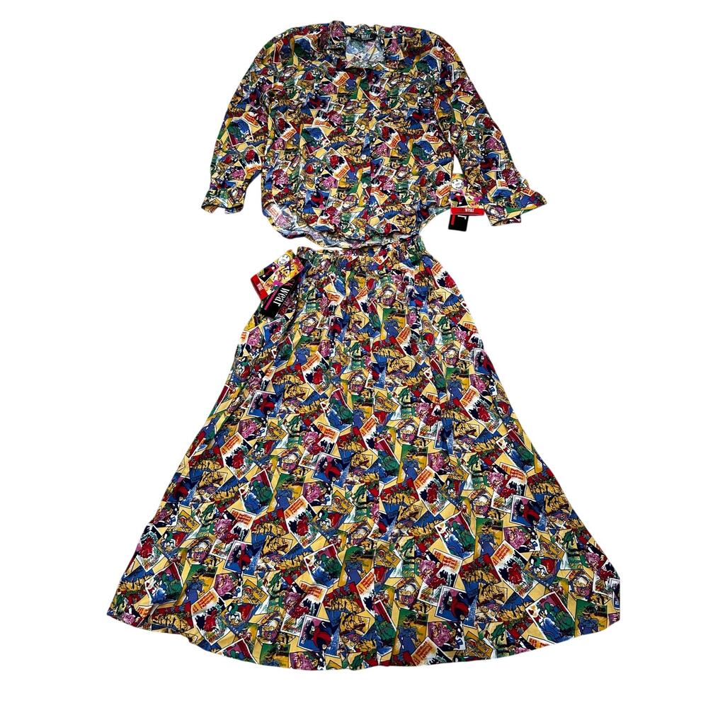 Vintage SK Wear 2 Piece Set Size M 8 Novelty Print Blouse Maxi Skirt Rayon